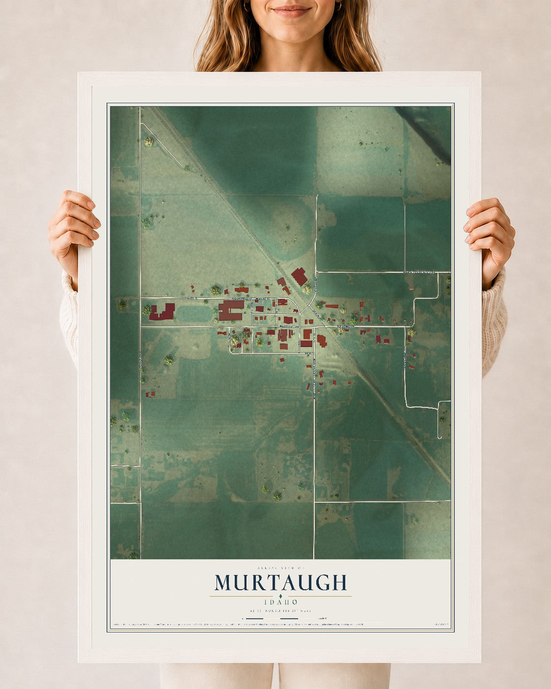 Map of Murtaugh, Idaho, 24 x 36 inch print in a white wood frame
