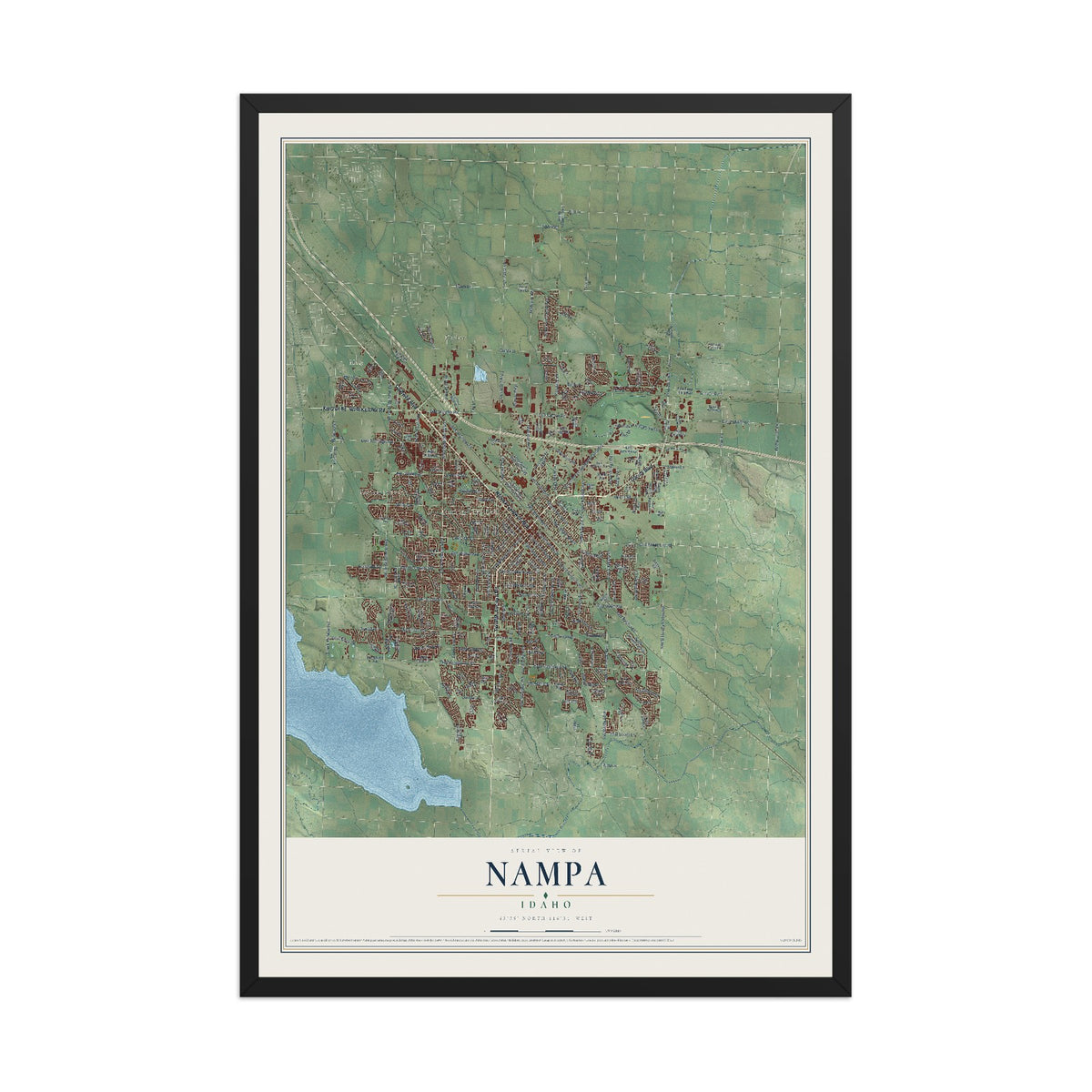 Map of Nampa, Idaho, 12 x 18 inch print in a black wood frame