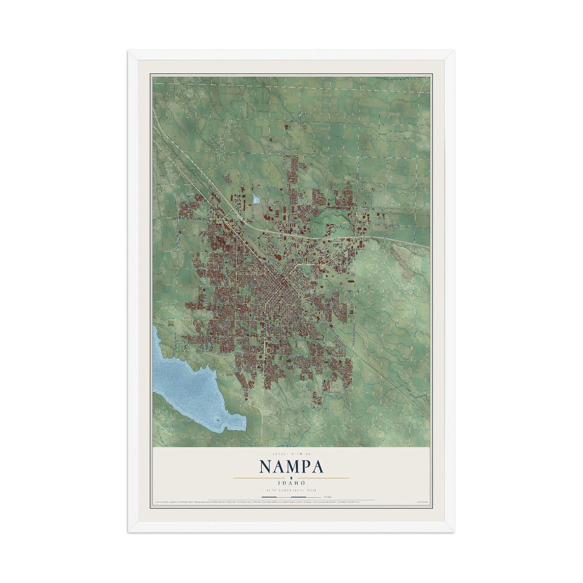 Map of Nampa, Idaho, 12 x 18 inch print in a white wood frame