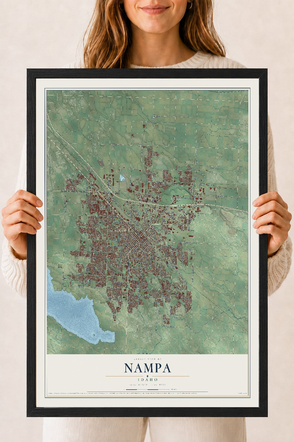 Map of Nampa, Idaho, 18 x 24 inch print in a black wood frame
