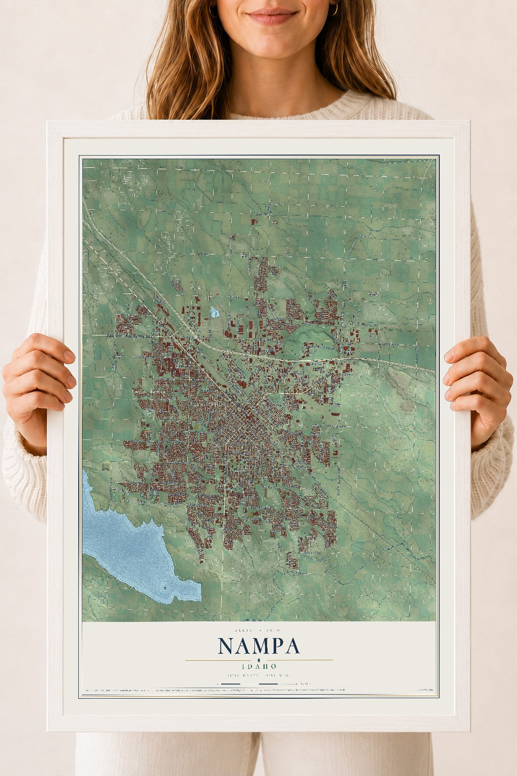 Map of Nampa, Idaho, 18 x 24 inch print in a white wood frame