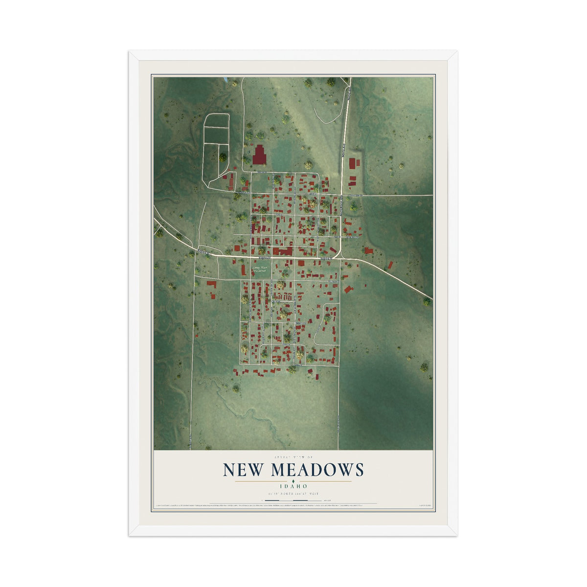 Map of New Meadows, Idaho, 12 x 18 inch print in a white wood frame