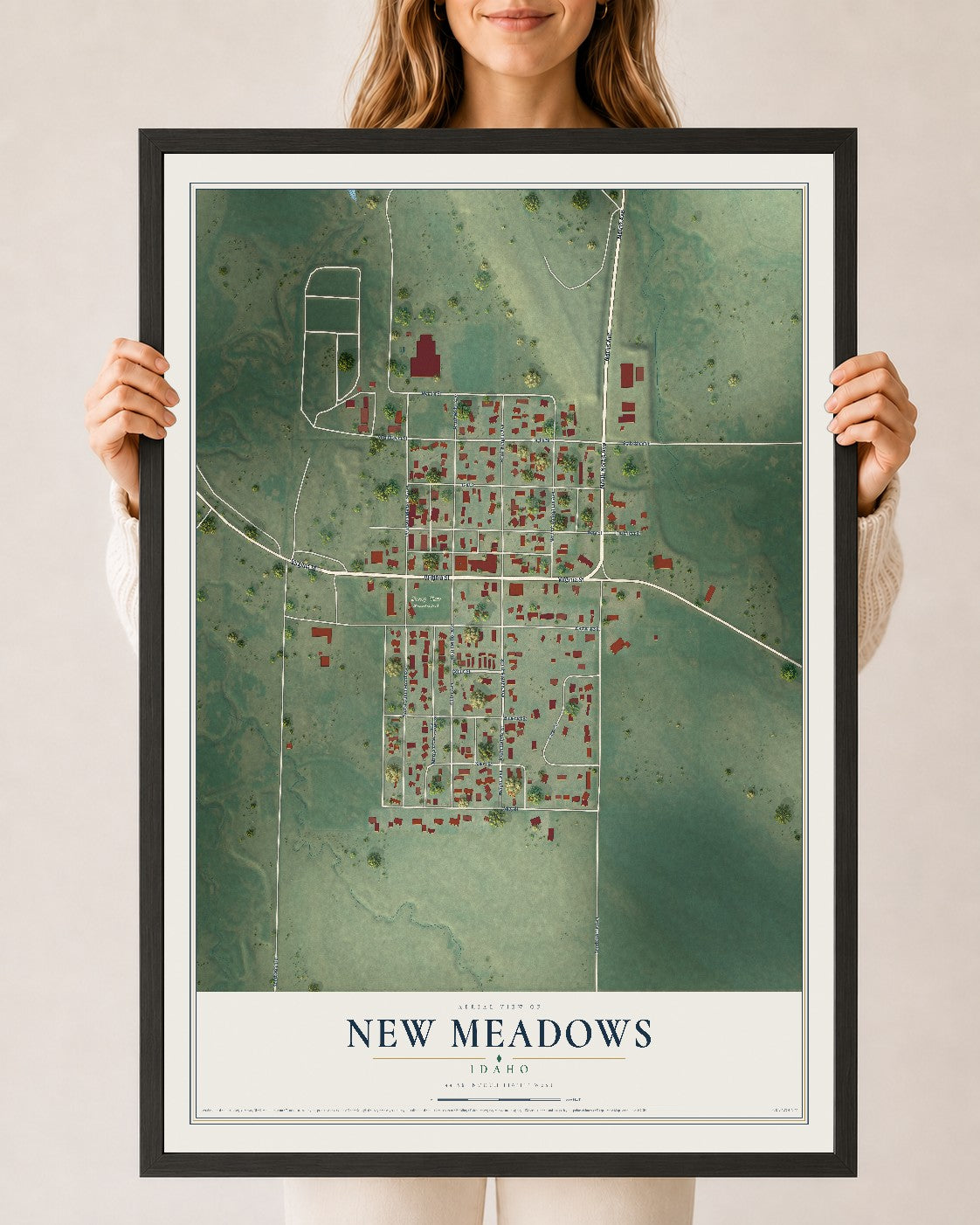 Map of New Meadows, Idaho, 24 x 36 inch print in a black wood frame