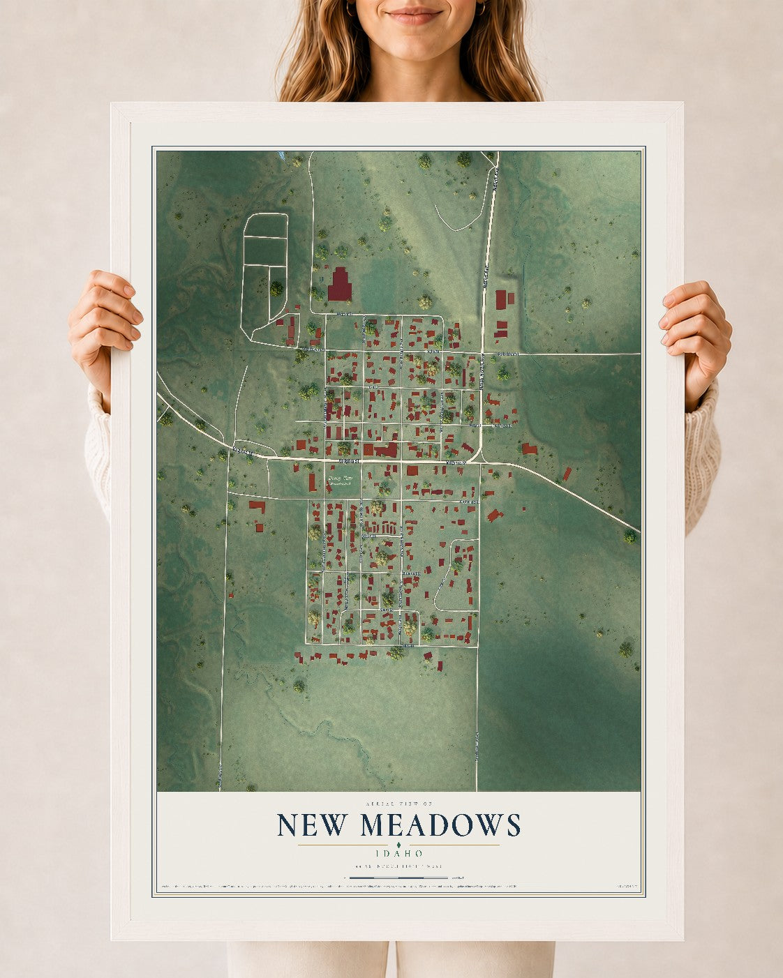 Map of New Meadows, Idaho, 24 x 36 inch print in a white wood frame
