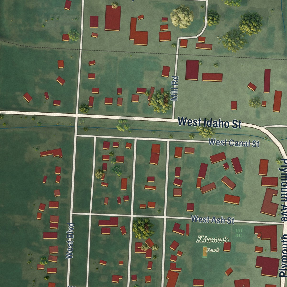 Second close-up of the map of New Plymouth, Idaho print showing more streets and buildings