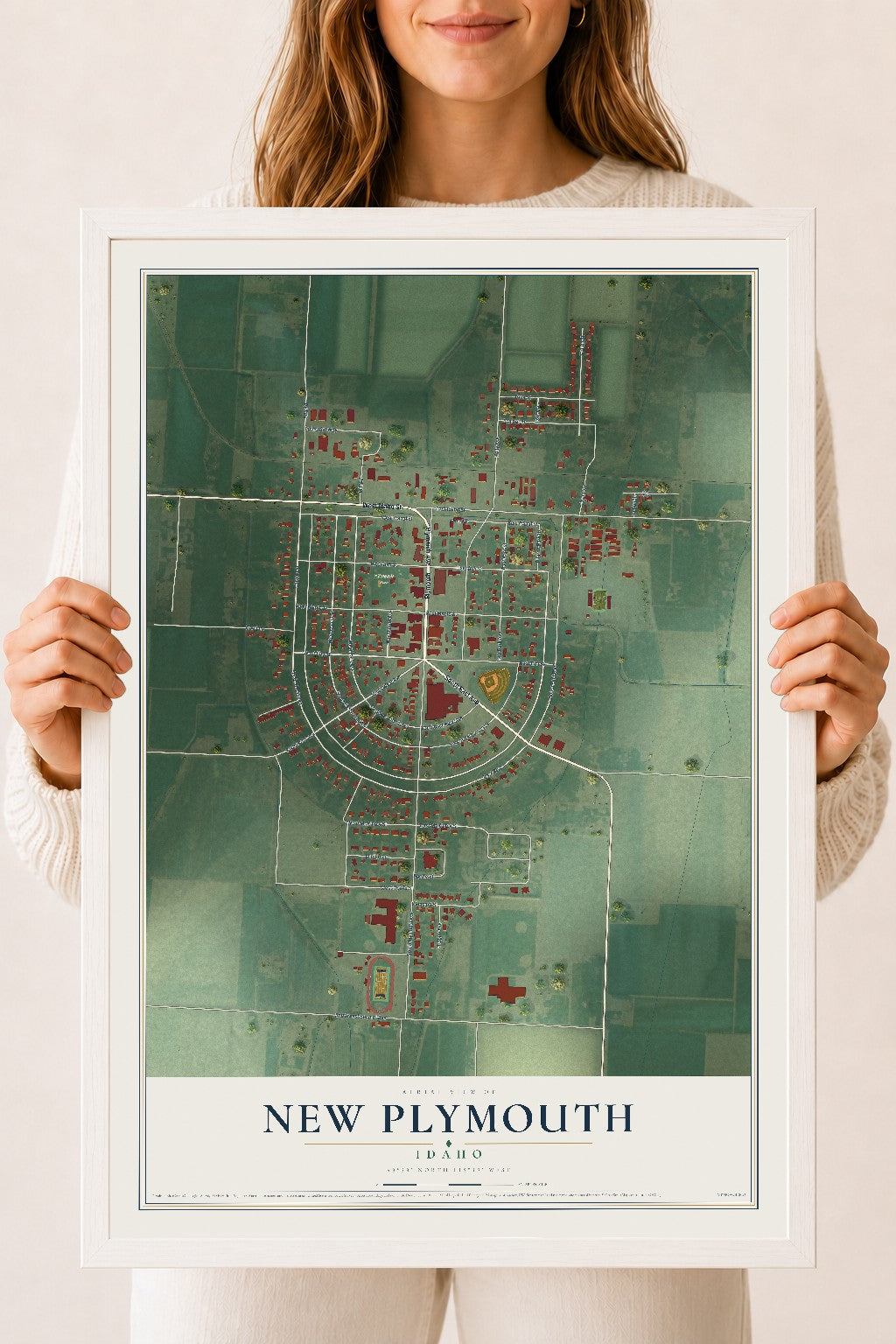 Map of New Plymouth, Idaho, 18 x 24 inch print in a white wood frame