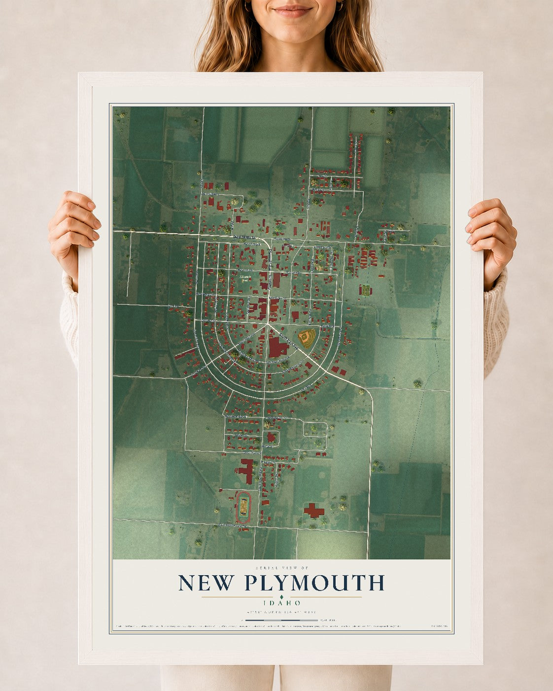 Map of New Plymouth, Idaho, 24 x 36 inch print in a white wood frame