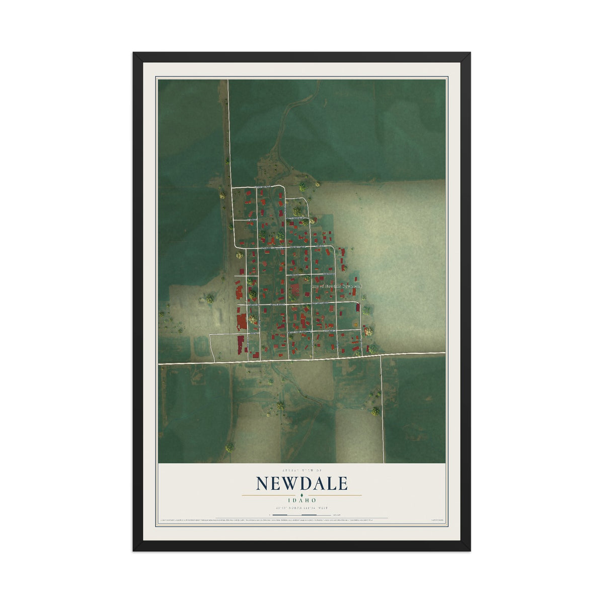 Map of Newdale, Idaho, 12 x 18 inch print in a black wood frame