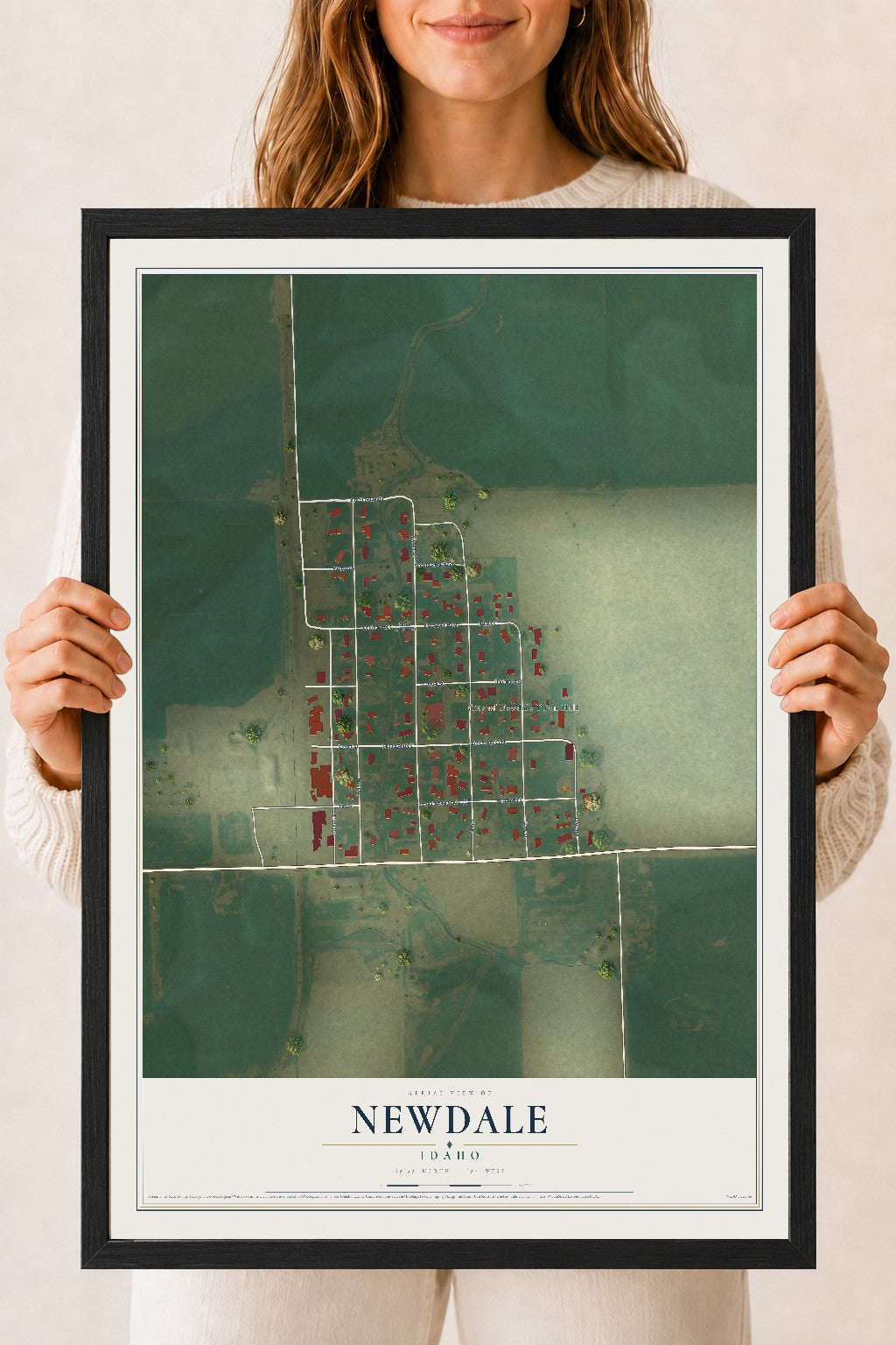 Map of Newdale, Idaho, 18 x 24 inch print in a black wood frame