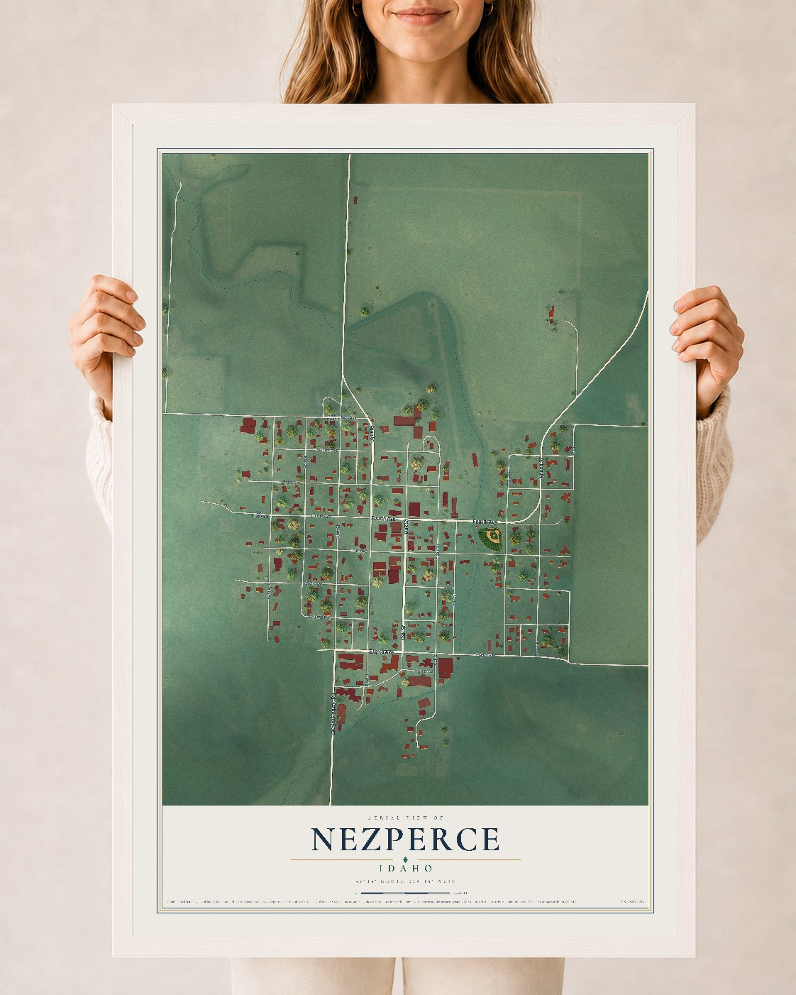 Map of Nezperce, Idaho, 24 x 36 inch print in a white wood frame