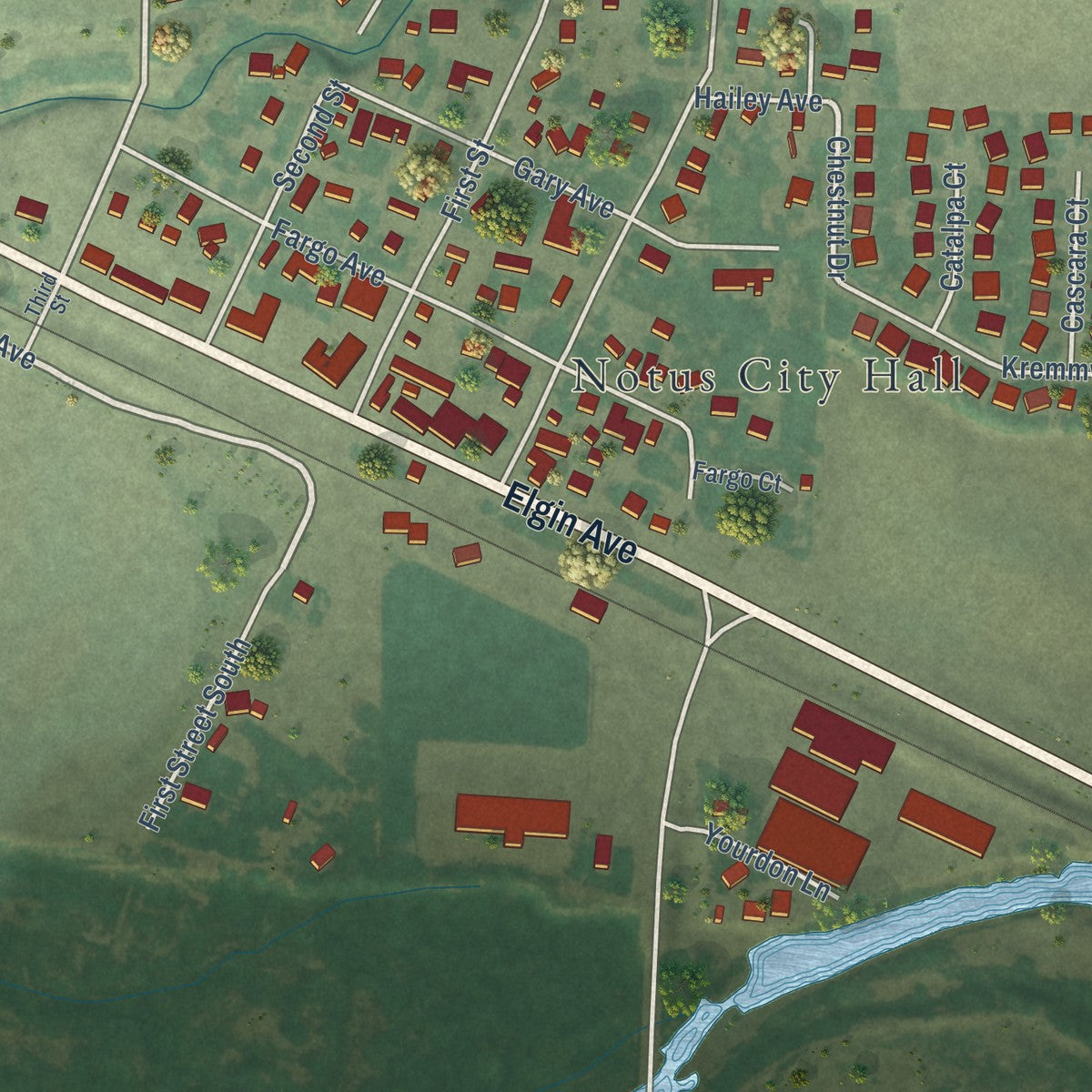 Close-up of the map of Notus, Idaho print showing street and building detail