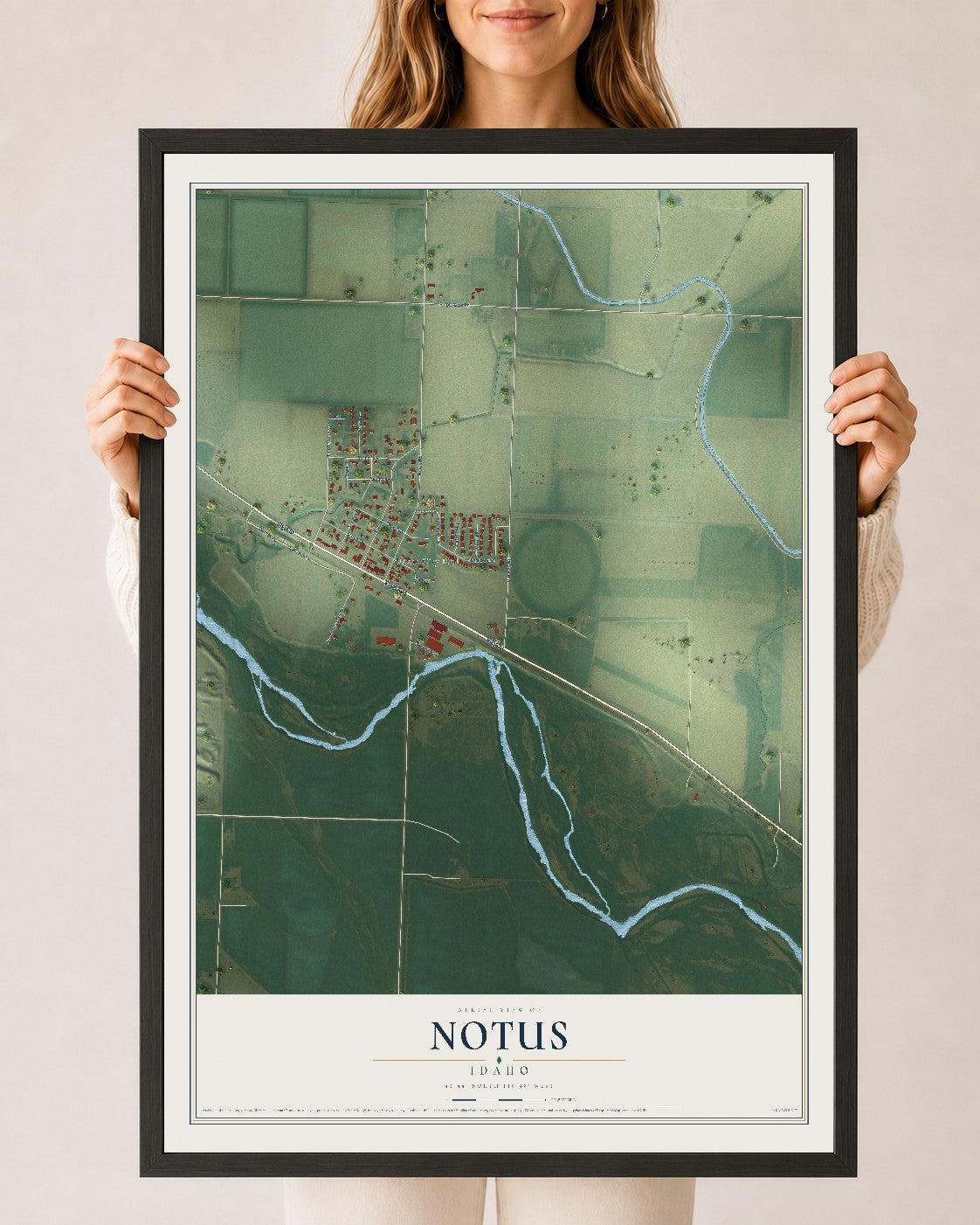 Map of Notus, Idaho, 24 x 36 inch print in a black wood frame