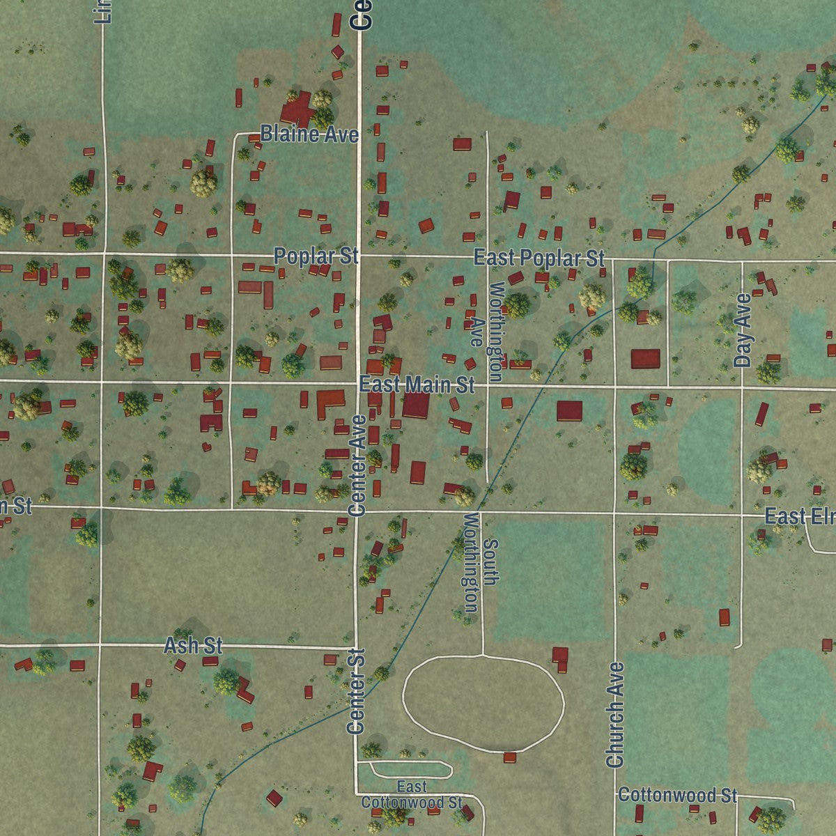 Close-up of the map of Oakley, Idaho print showing street and building detail