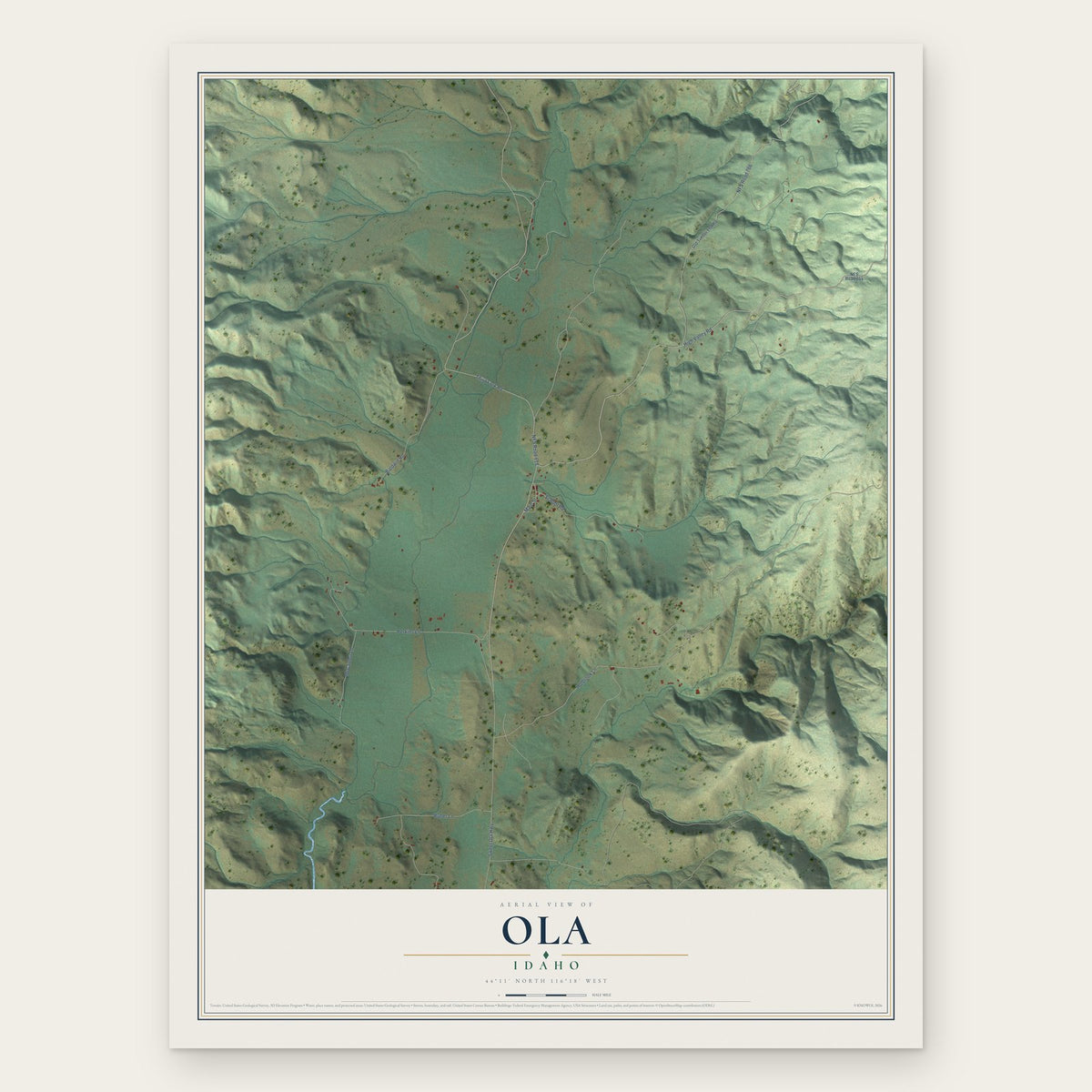Ola, Idaho map print, the full design