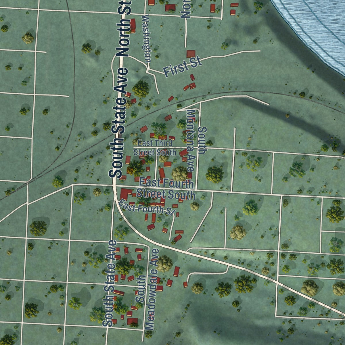 Second close-up of the map of Oldtown, Idaho print showing more streets and buildings