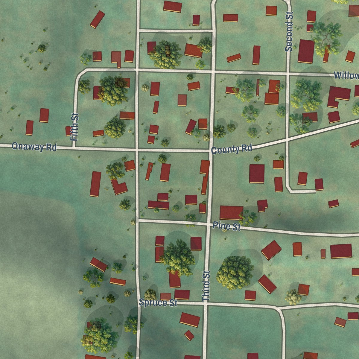Close-up of the map of Onaway, Idaho print showing street and building detail