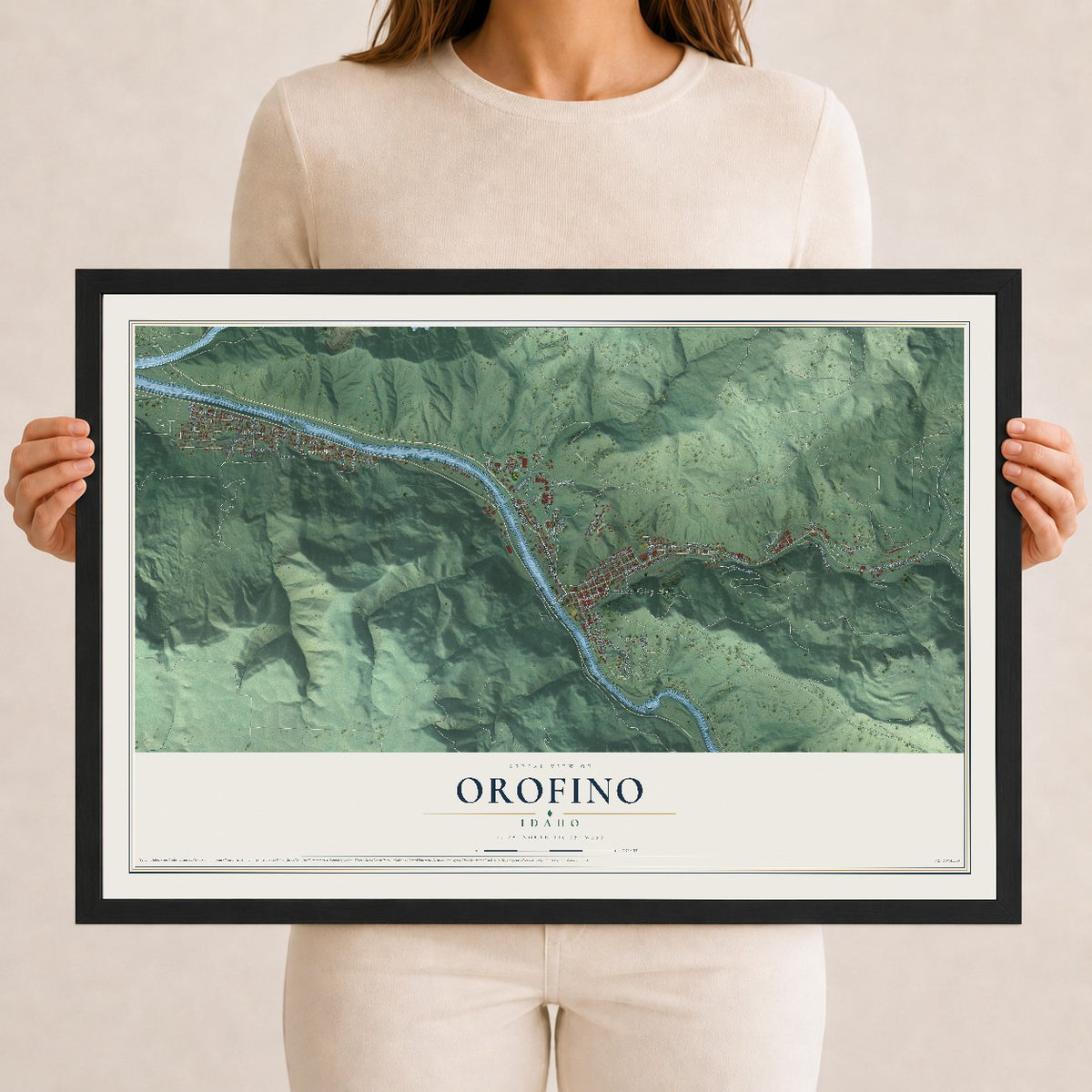 Map of Orofino, Idaho, 12 x 18 inch print in a black wood frame