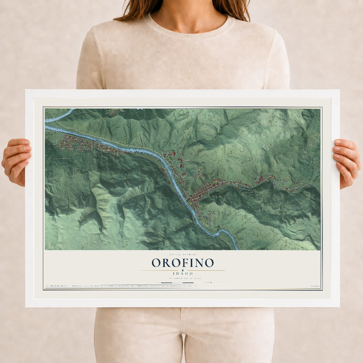 Map of Orofino, Idaho, 12 x 18 inch print in a white wood frame