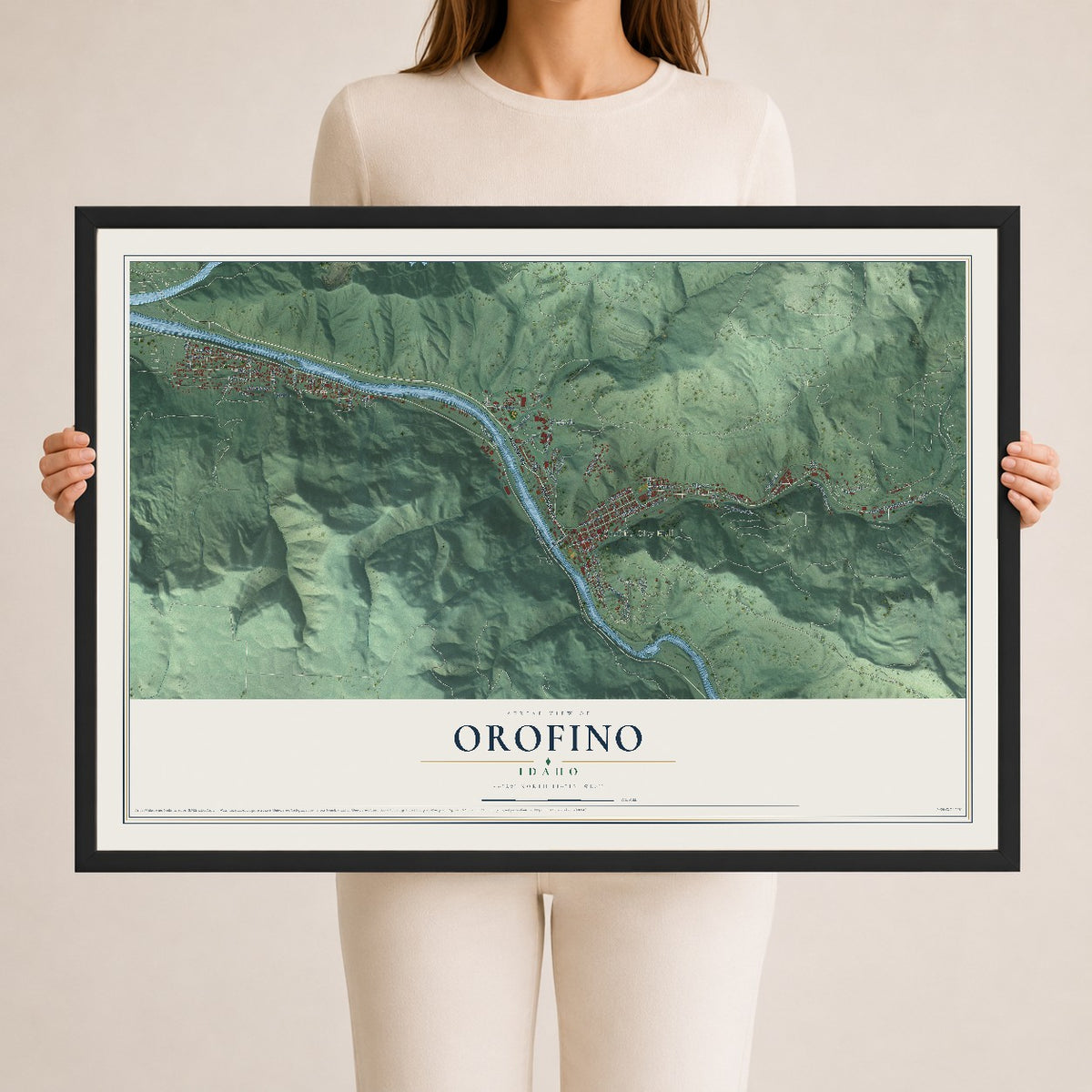 Map of Orofino, Idaho, 24 x 36 inch print in a black wood frame