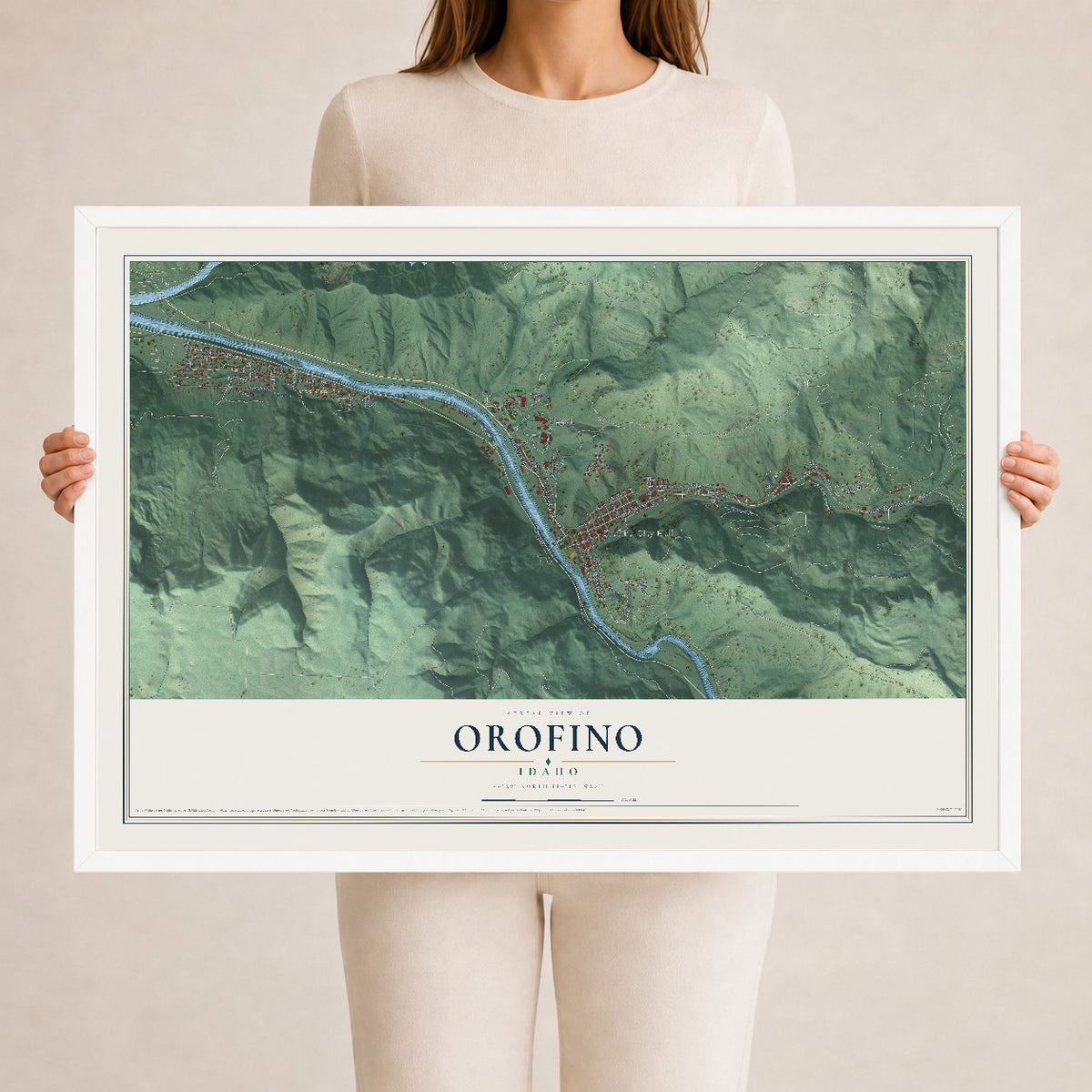 Map of Orofino, Idaho, 24 x 36 inch print in a white wood frame