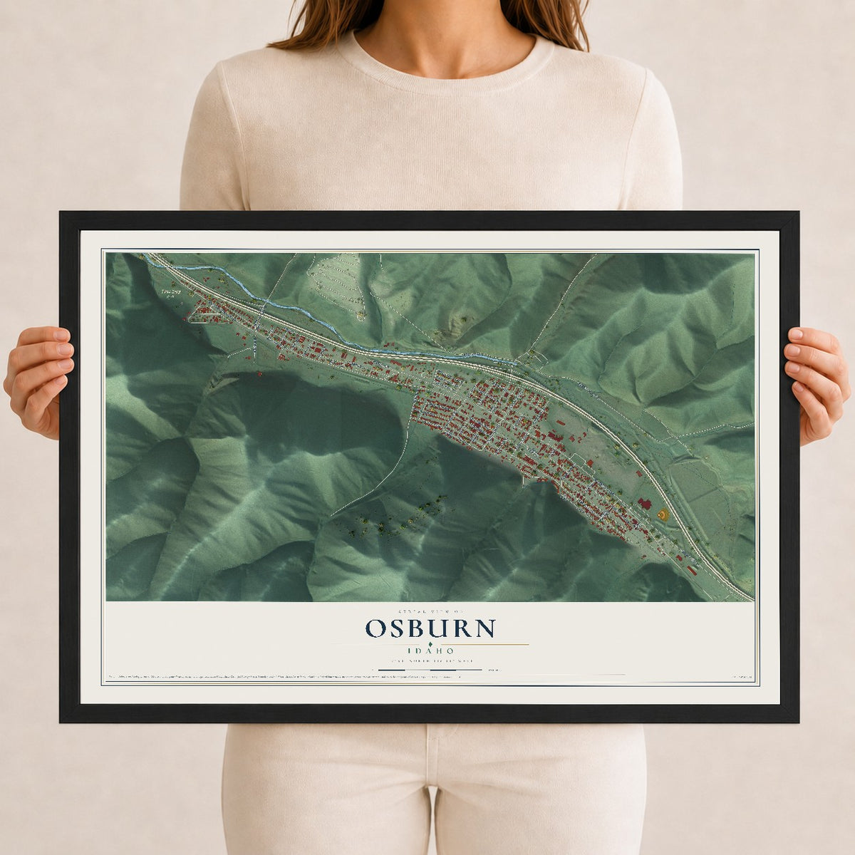 Map of Osburn, Idaho, 12 x 18 inch print in a black wood frame
