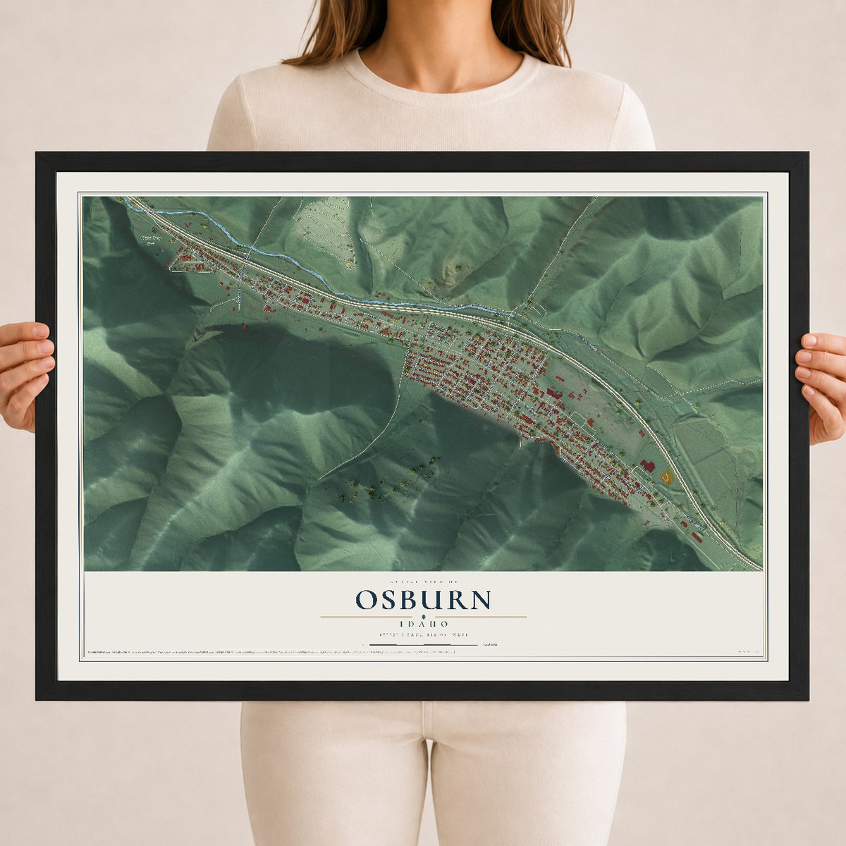 Map of Osburn, Idaho, 18 x 24 inch print in a black wood frame
