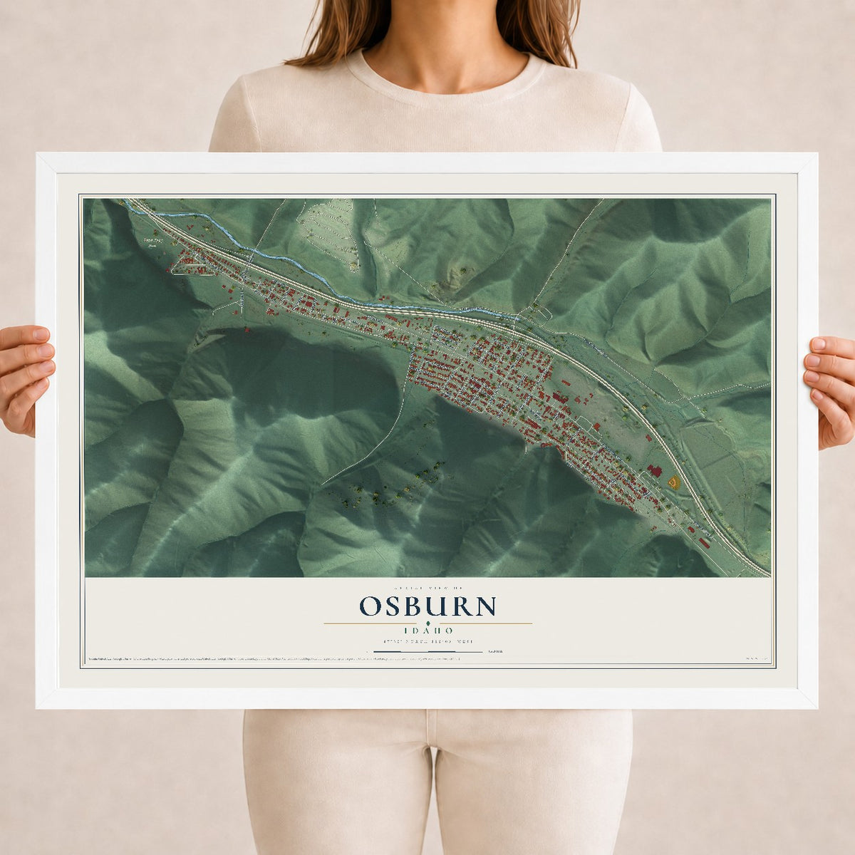 Map of Osburn, Idaho, 18 x 24 inch print in a white wood frame