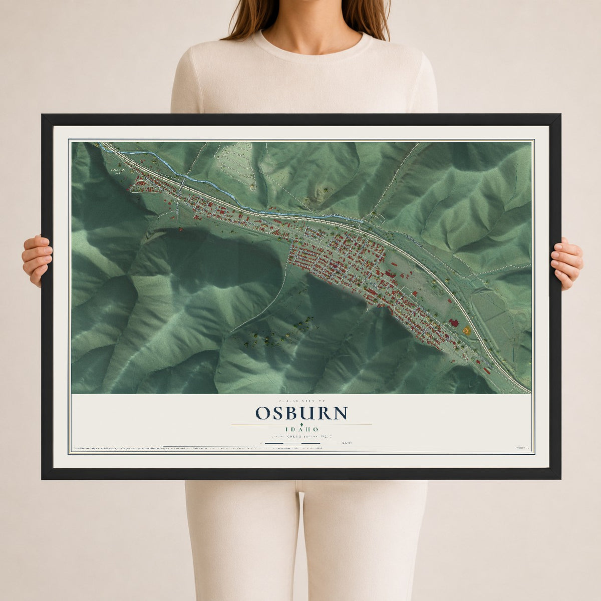 Map of Osburn, Idaho, 24 x 36 inch print in a black wood frame