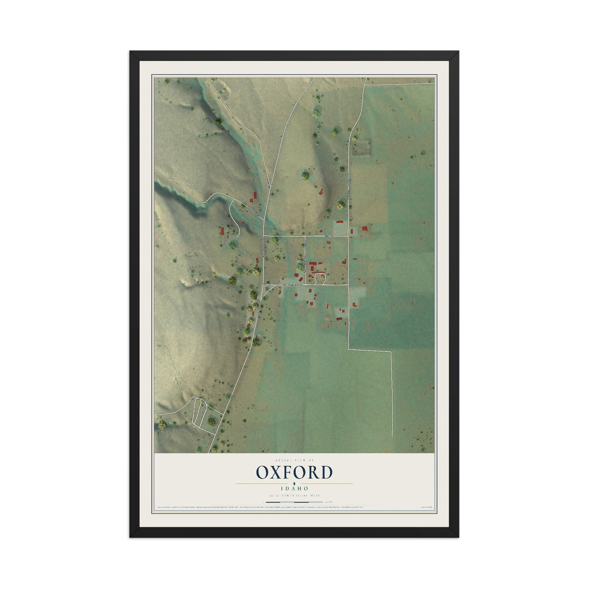 Map of Oxford, Idaho, 12 x 18 inch print in a black wood frame