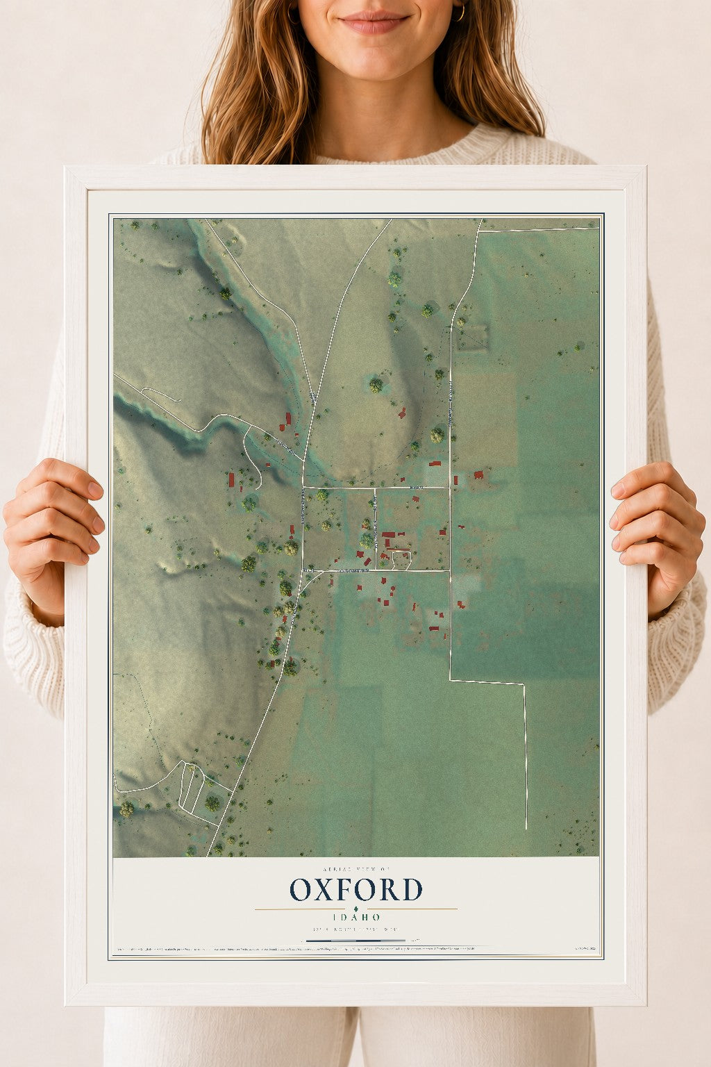 Map of Oxford, Idaho, 18 x 24 inch print in a white wood frame