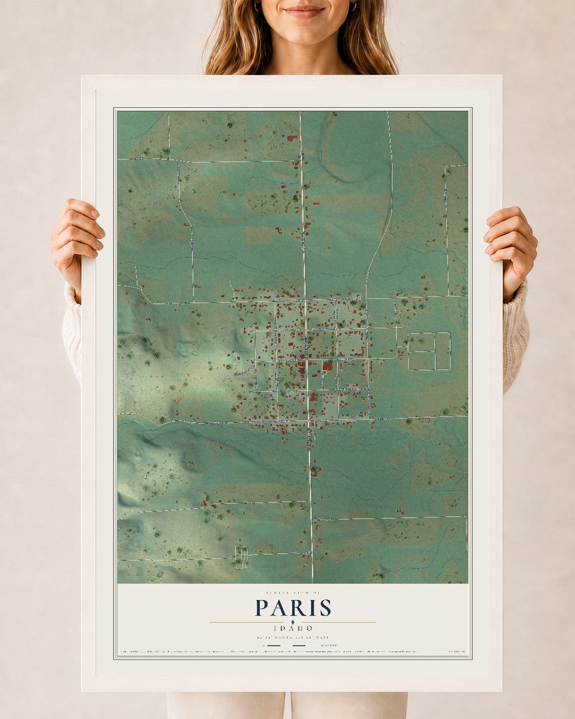 Map of Paris, Idaho, 24 x 36 inch print in a white wood frame