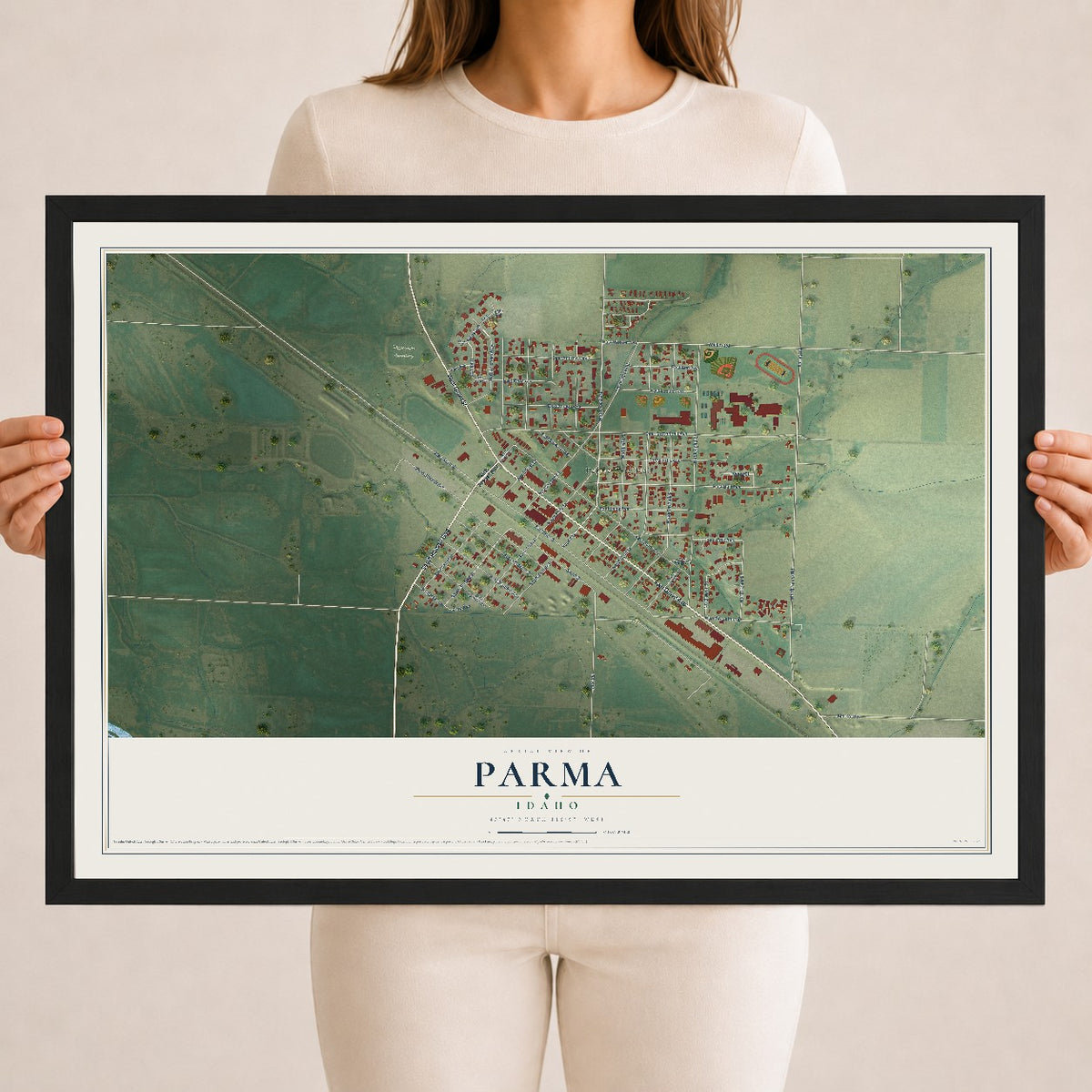 Map of Parma, Idaho, 18 x 24 inch print in a black wood frame