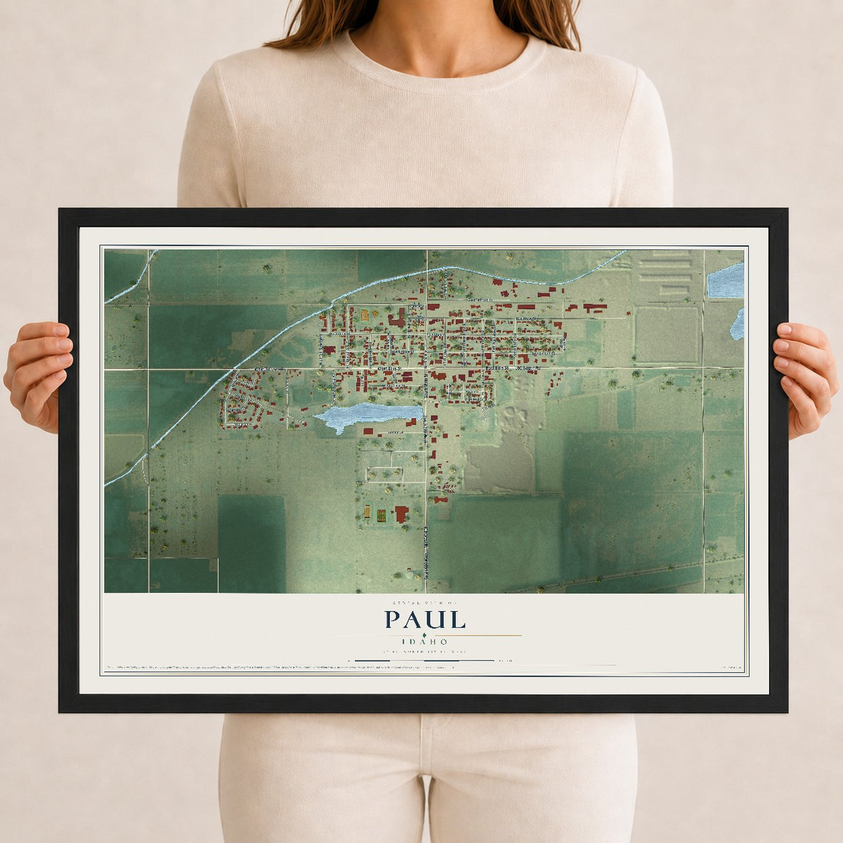 Map of Paul, Idaho, 12 x 18 inch print in a black wood frame
