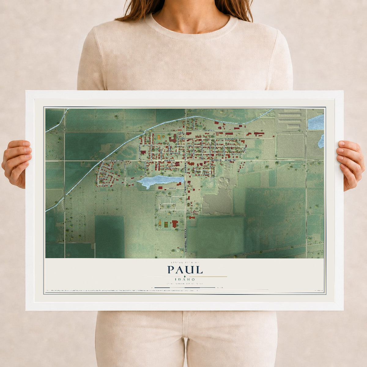 Map of Paul, Idaho, 12 x 18 inch print in a white wood frame