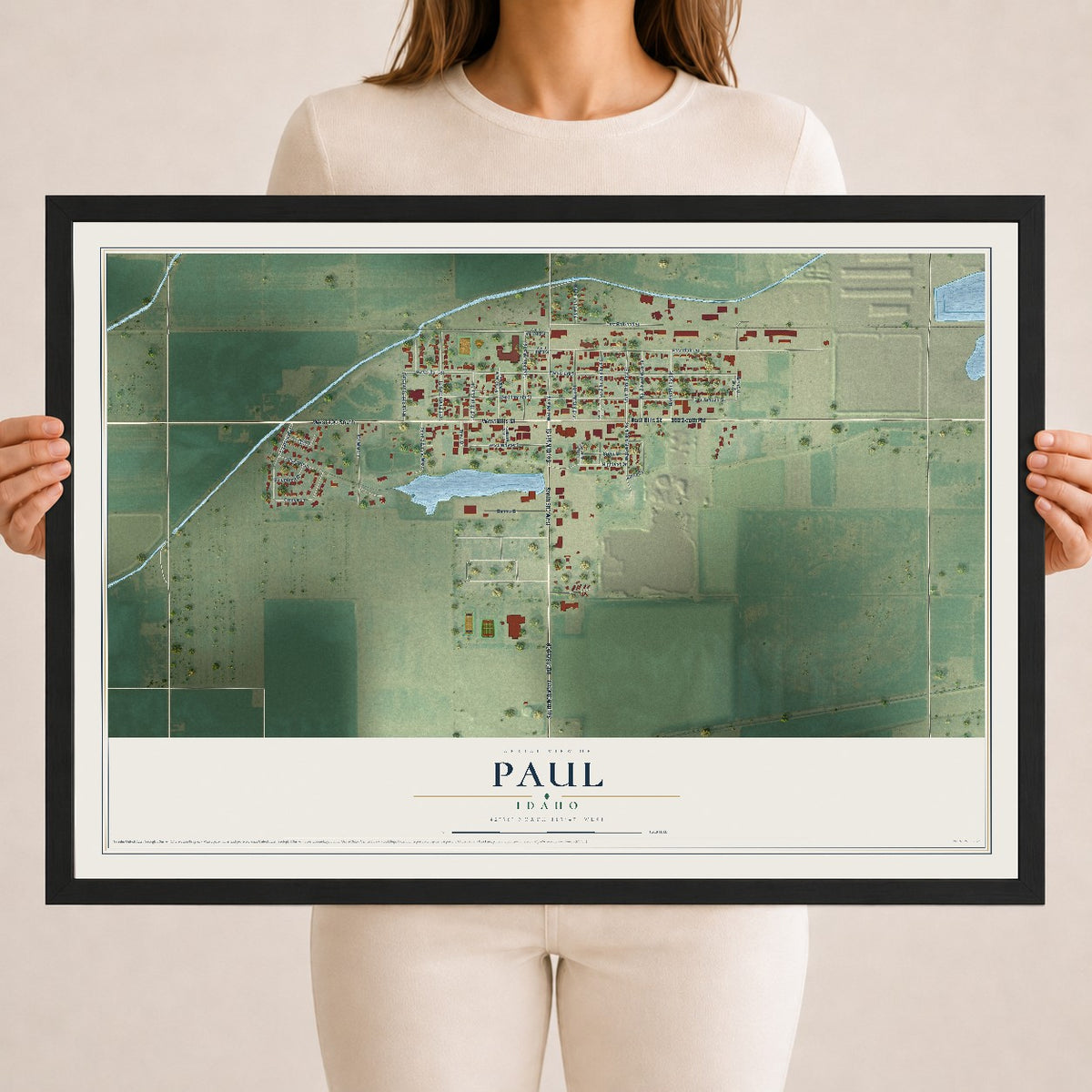 Map of Paul, Idaho, 18 x 24 inch print in a black wood frame