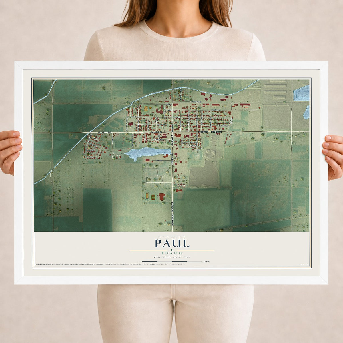 Map of Paul, Idaho, 18 x 24 inch print in a white wood frame