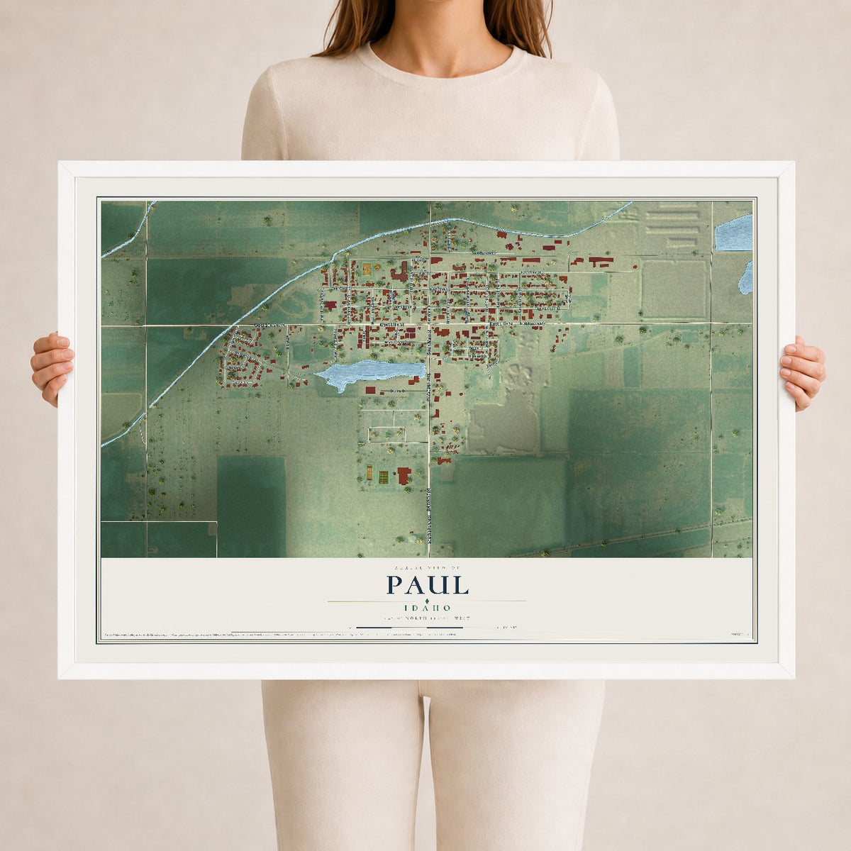 Map of Paul, Idaho, 24 x 36 inch print in a white wood frame