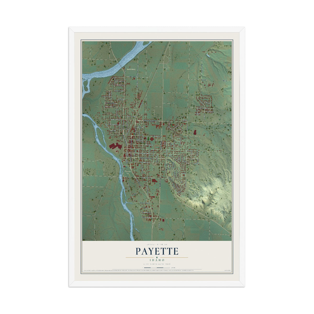 Map of Payette, Idaho, 12 x 18 inch print in a white wood frame
