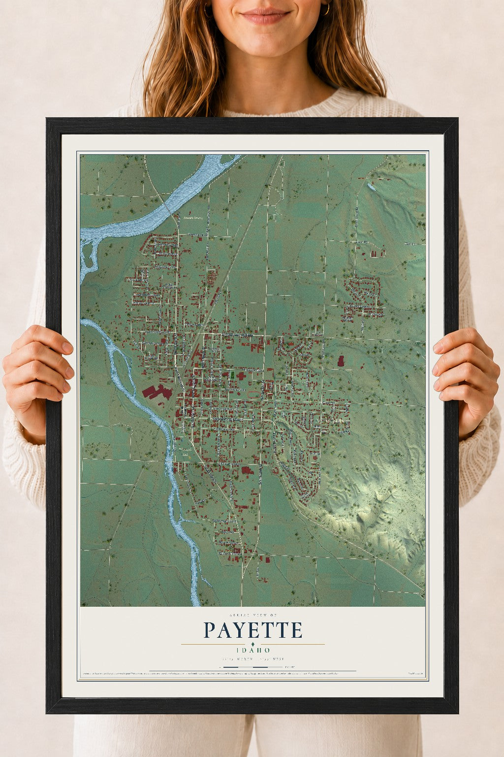 Map of Payette, Idaho, 18 x 24 inch print in a black wood frame