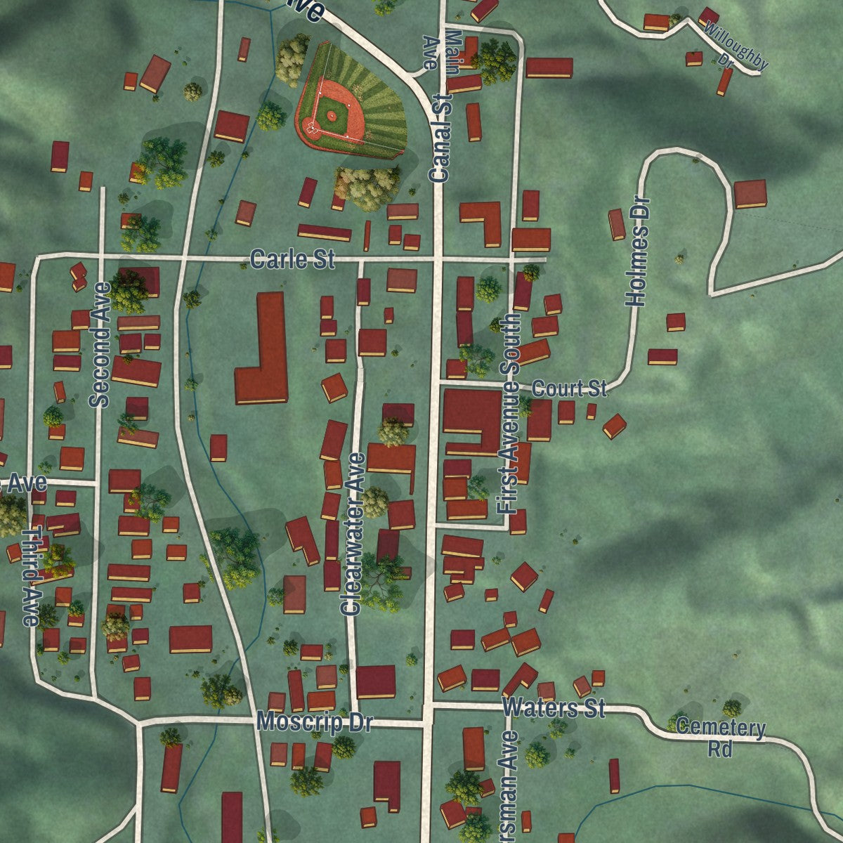 Close-up of the map of Pierce, Idaho print showing street and building detail