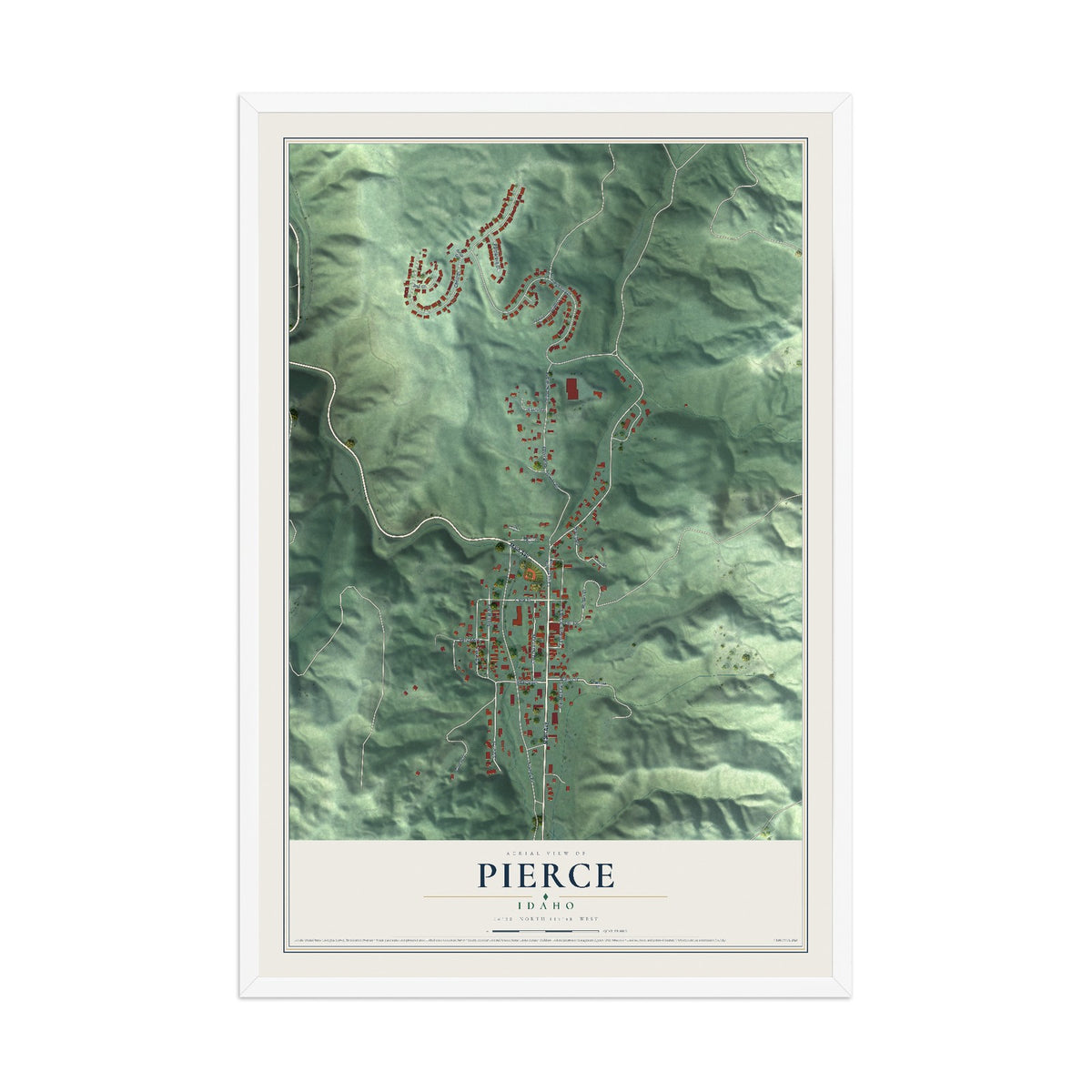 Map of Pierce, Idaho, 12 x 18 inch print in a white wood frame