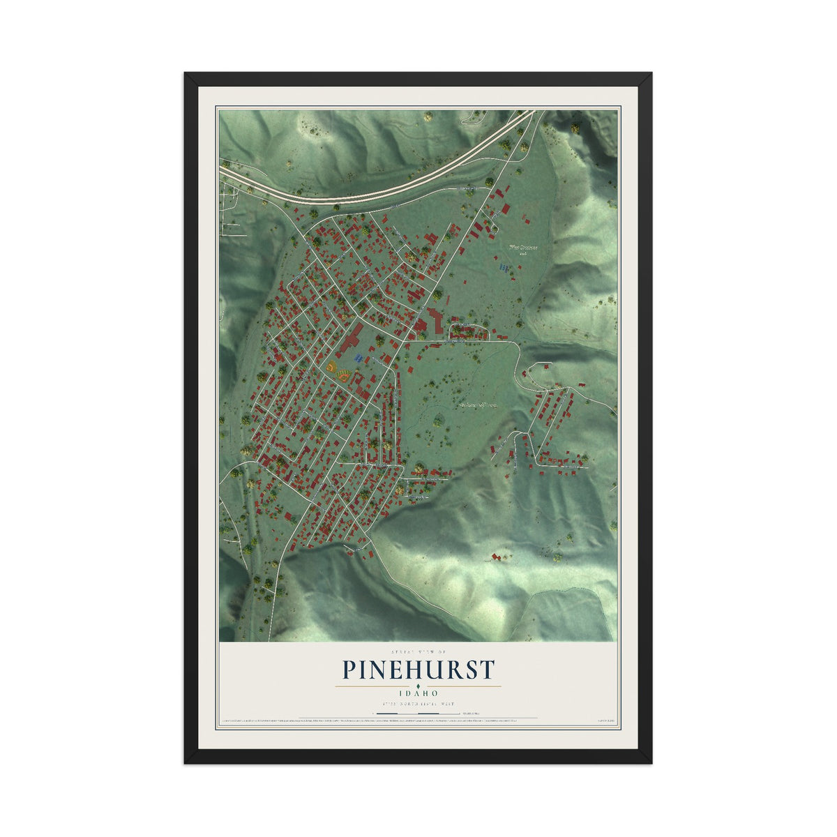 Map of Pinehurst, Idaho, 12 x 18 inch print in a black wood frame