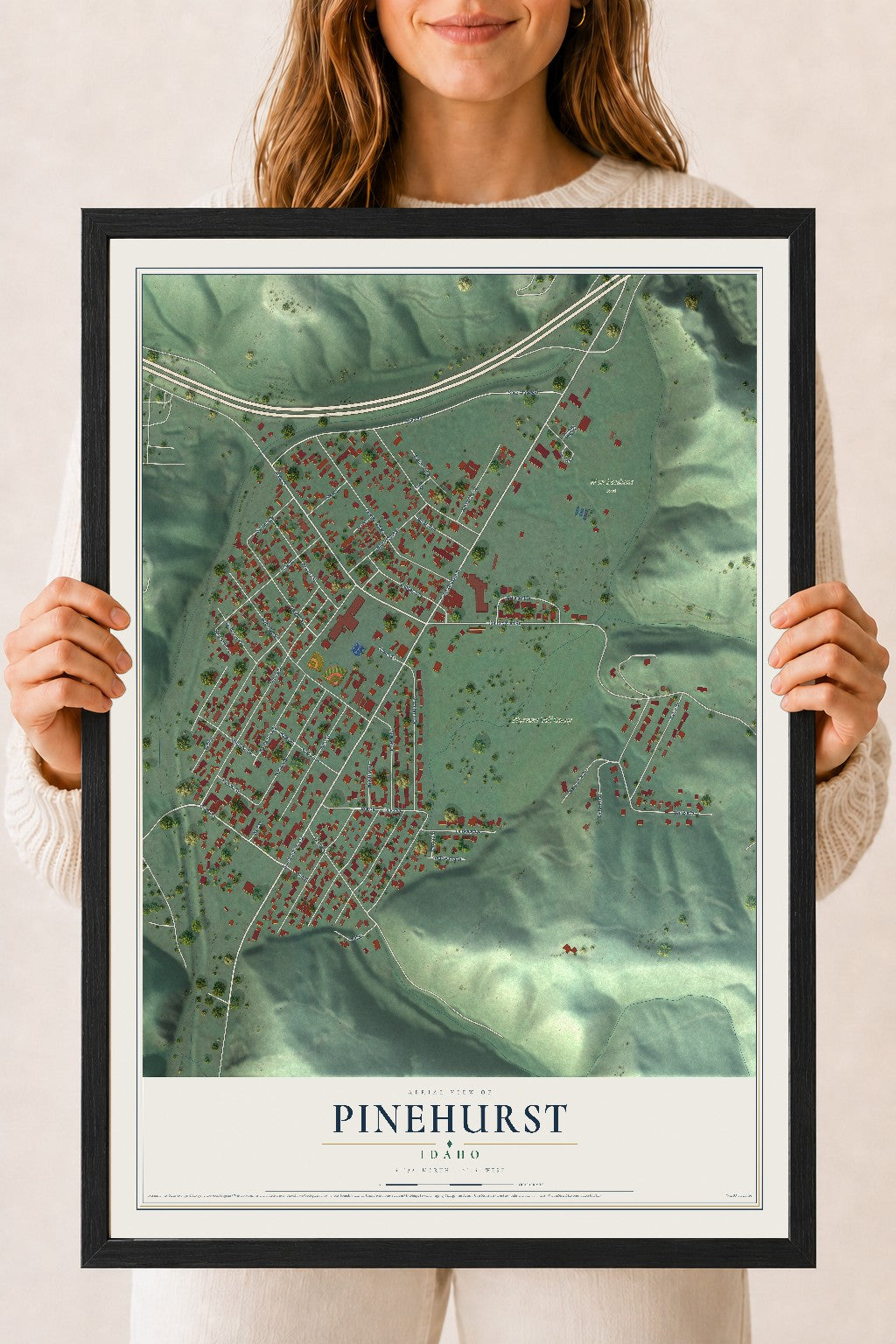 Map of Pinehurst, Idaho, 18 x 24 inch print in a black wood frame