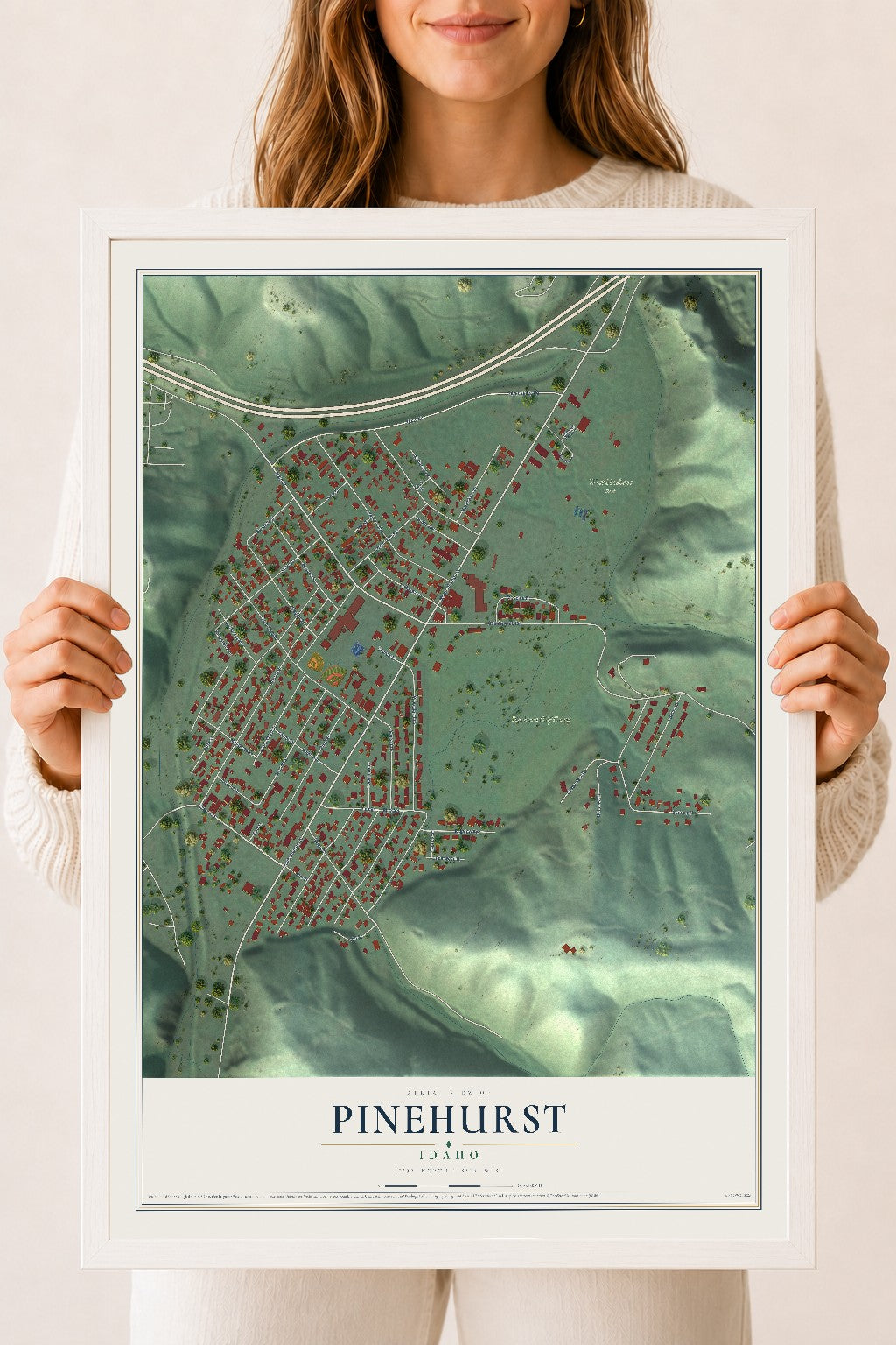 Map of Pinehurst, Idaho, 18 x 24 inch print in a white wood frame