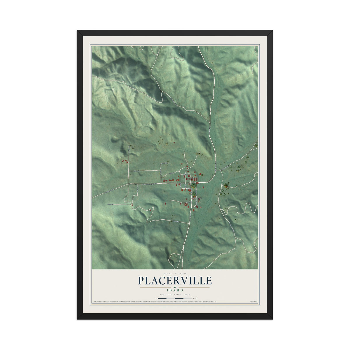 Map of Placerville, Idaho, 12 x 18 inch print in a black wood frame