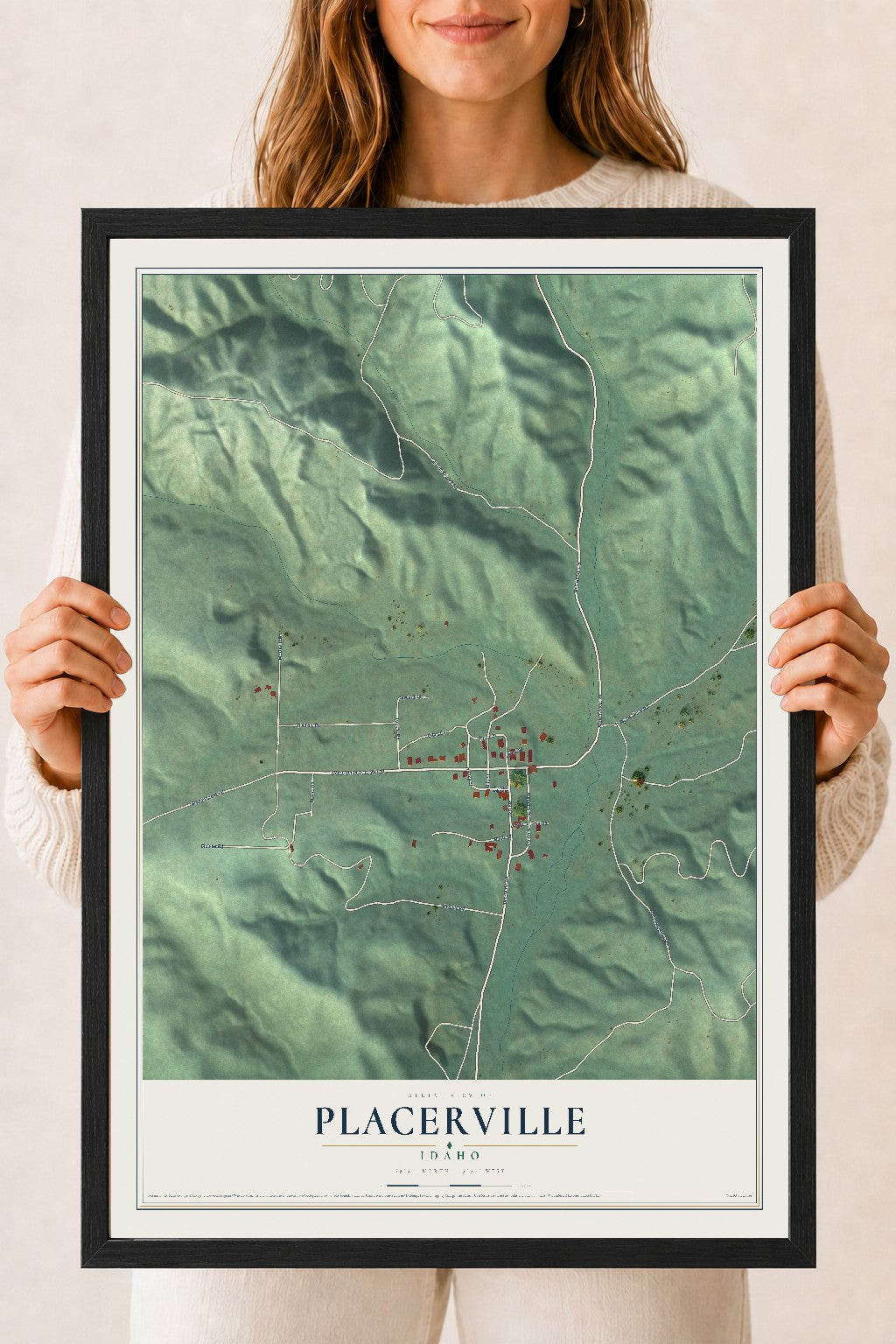 Map of Placerville, Idaho, 18 x 24 inch print in a black wood frame