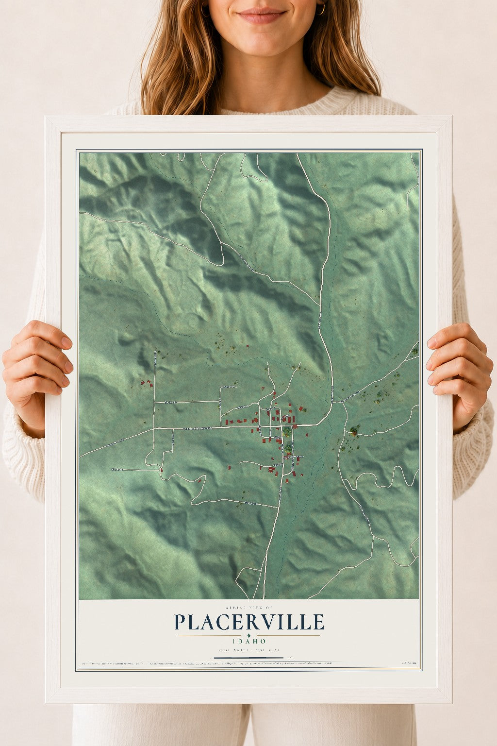 Map of Placerville, Idaho, 18 x 24 inch print in a white wood frame