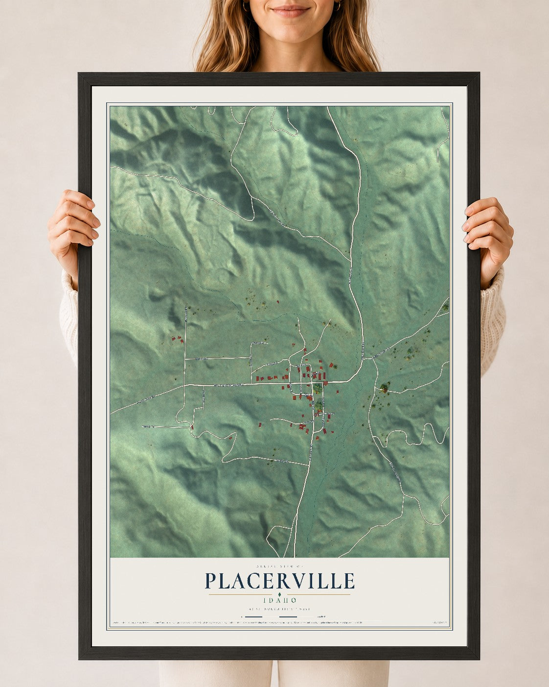 Map of Placerville, Idaho, 24 x 36 inch print in a black wood frame