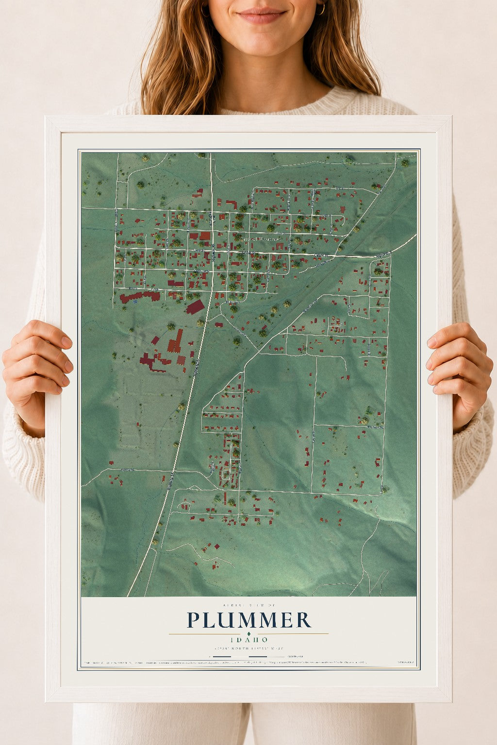 Map of Plummer, Idaho, 18 x 24 inch print in a white wood frame