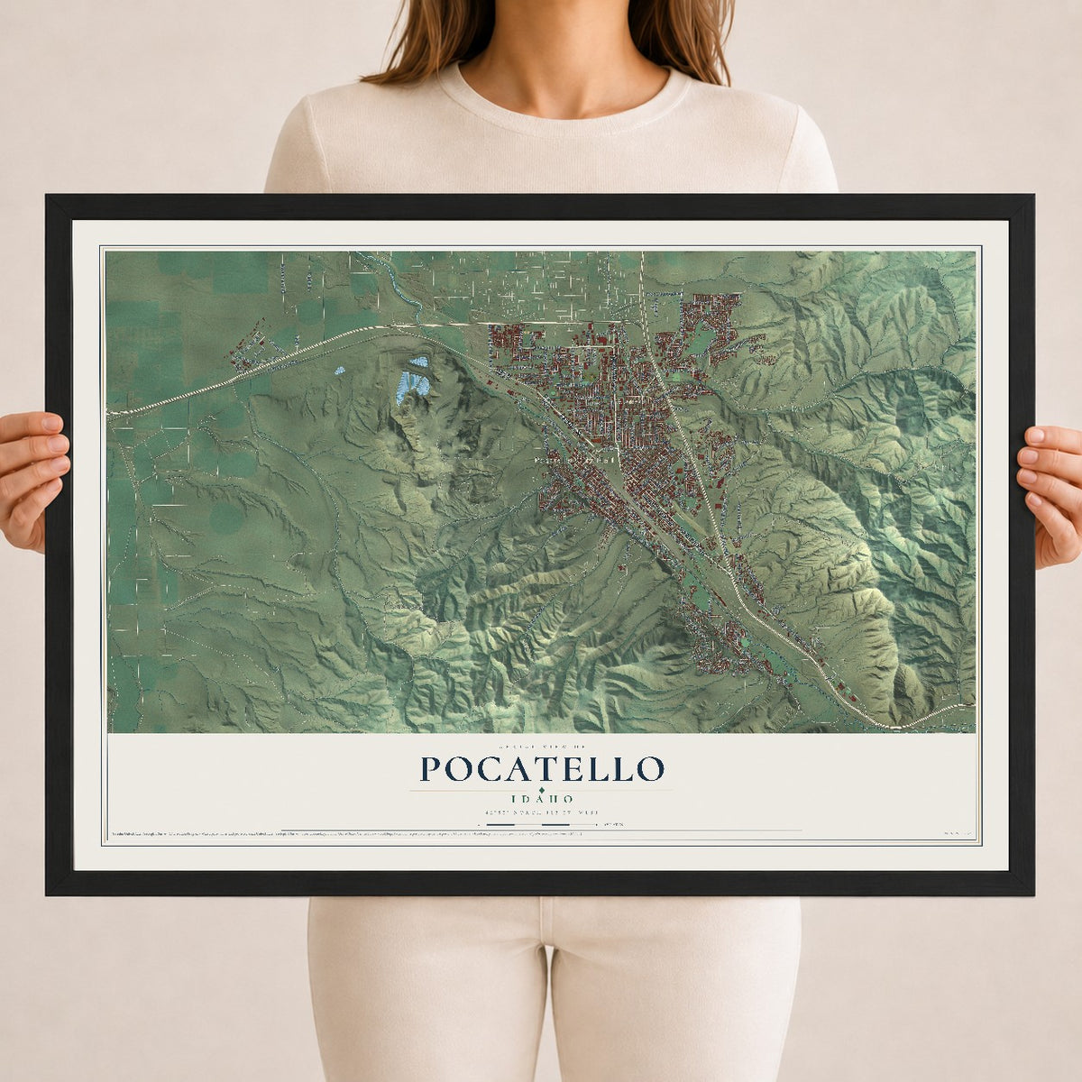 Map of Pocatello, Idaho, 18 x 24 inch print in a black wood frame
